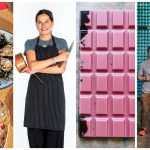 Collage: Oyster and hot dog dishes, a smiling chef holding a bowl, a bar of chocolate, and two people holding drinks in front of a beer display.