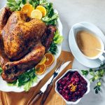 Roasted turkey on a platter with orange slices and herbs, surrounded by bowls of cranberry sauce and gravy, with serving utensils and a sprig of greenery.