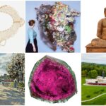 A collage of six images: a beaded necklace, a woman observing abstract art, a wooden Buddha statue, a landscape painting, a pink gemstone, and a white riverboat on a grassy field.
