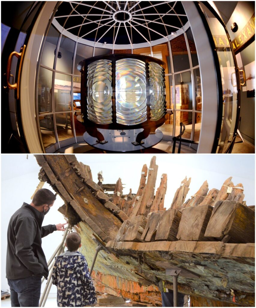 Top: A large Fresnel lens displayed in a museum exhibit. Bottom: An adult and a child observe the wooden remains of a shipwreck.