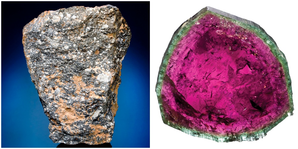 Two stones: on the left, an unpolished, rough rock; on the right, a polished cross-section of a pink and green mineral, possibly watermelon tourmaline.
