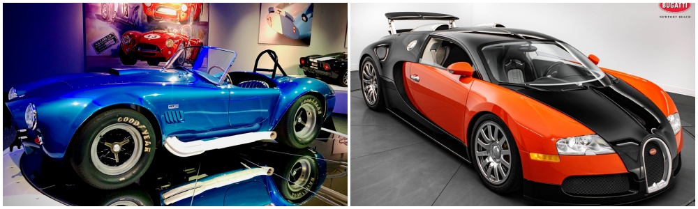 A classic blue Shelby Cobra is displayed in a showroom on the left, while an orange and black Bugatti Veyron is shown parked indoors on the right.