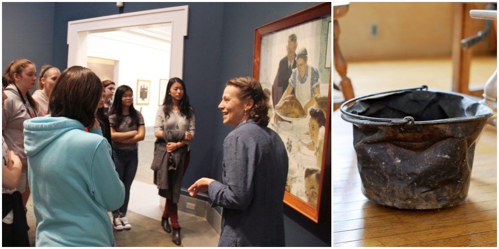 A woman leads a group discussion in an art gallery; beside this is a close-up of a worn metal bucket on a wooden floor.