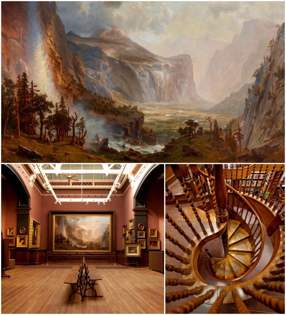 A collage shows a large landscape painting, a museum gallery with artworks and benches, and a wooden spiral staircase viewed from above.