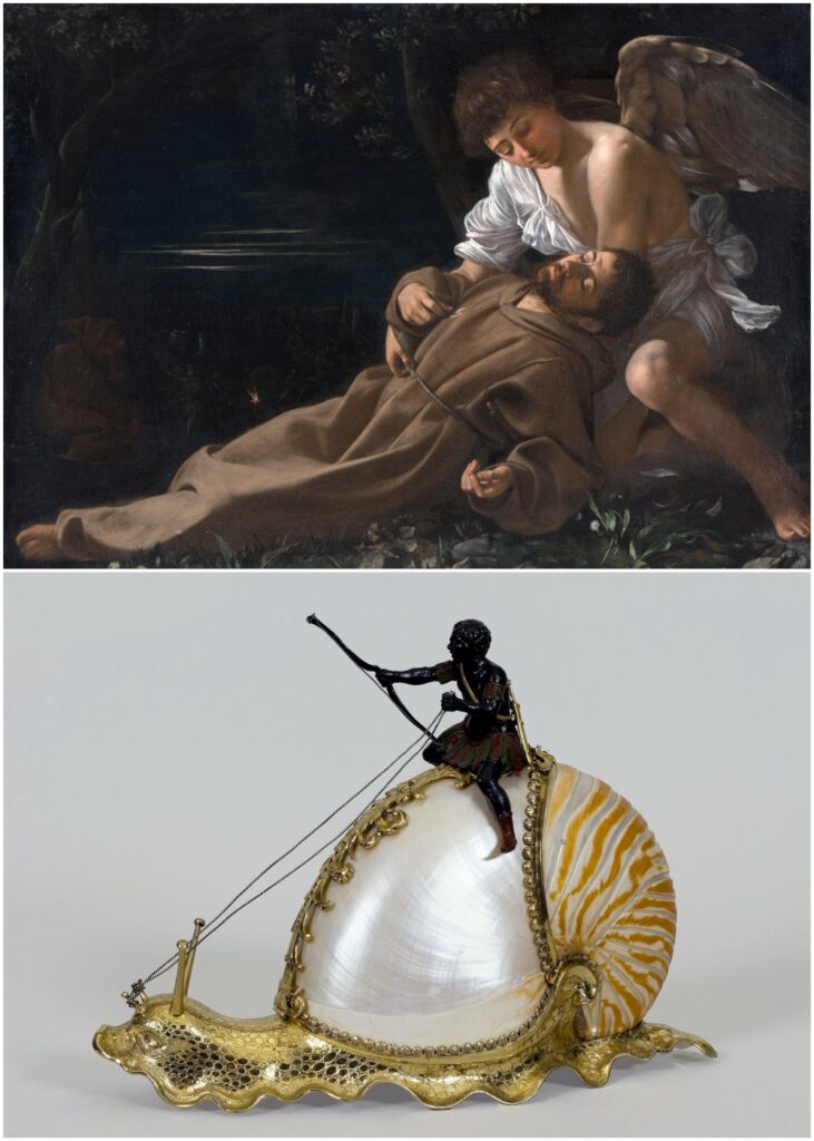 Top: A painting of an angel supporting a fainting man in brown robes. Bottom: An ornate shell vessel with a small dark figurine holding a spear, mounted on gold.