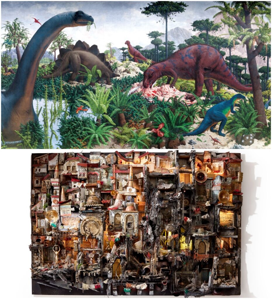 Top: A painting of dinosaurs in a lush prehistoric landscape. Bottom: A detailed mixed-media assemblage resembling a densely packed urban scene with buildings and debris.
