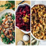 A collage of five Thanksgiving dishes: hummus, green beans with mushrooms, cranberry sauce, stuffing, and a pie with whipped cream.