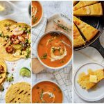 A collage of various dishes including apple crumble with ice cream, shrimp tacos, bisque, cornbread, and pasta with clams.