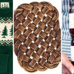 A green sweater with pine tree pattern, a woven rope mat, and hands holding jars of raspberry and blueberry jam.