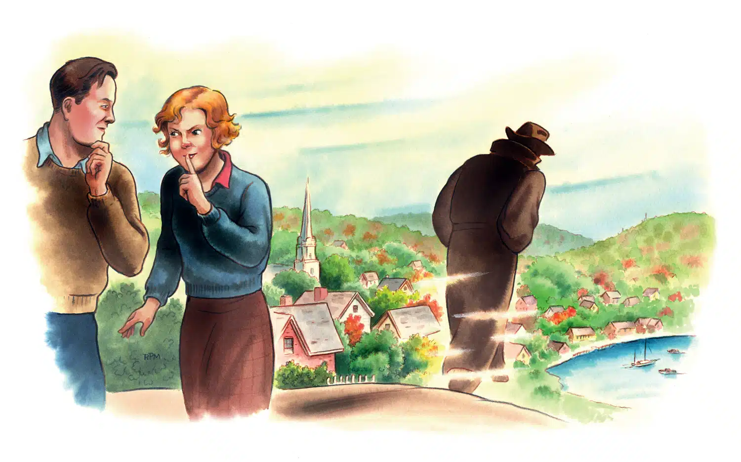A man and woman are whispering while a mysterious figure in a coat and hat walks away in a scenic town with hills and a lake.