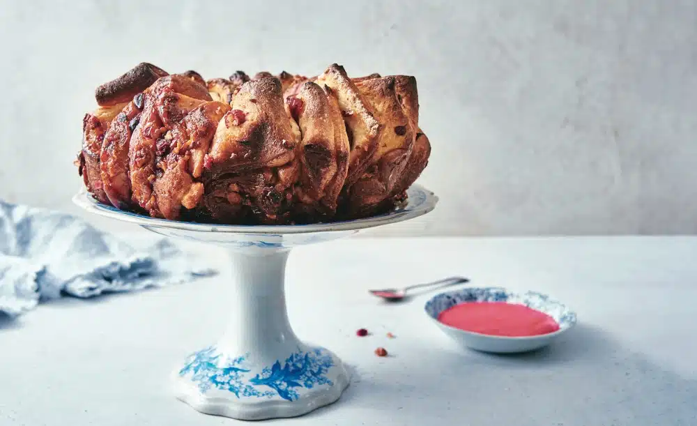 Pull-Apart Cranberry Sugar-Pecan “Bundt” Bread with Cranberry Glaze