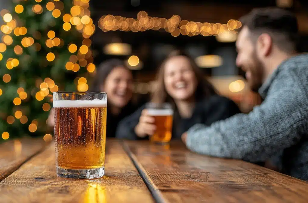 A glass of beer on a wooden table with three people sitting and laughing in the blurred background, decorated with festive lights.