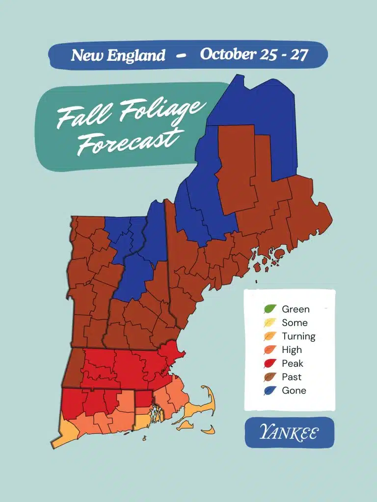 Map of New England showing fall foliage forecast from October 25-27 with color-coded regions indicating stages from green to past peak.