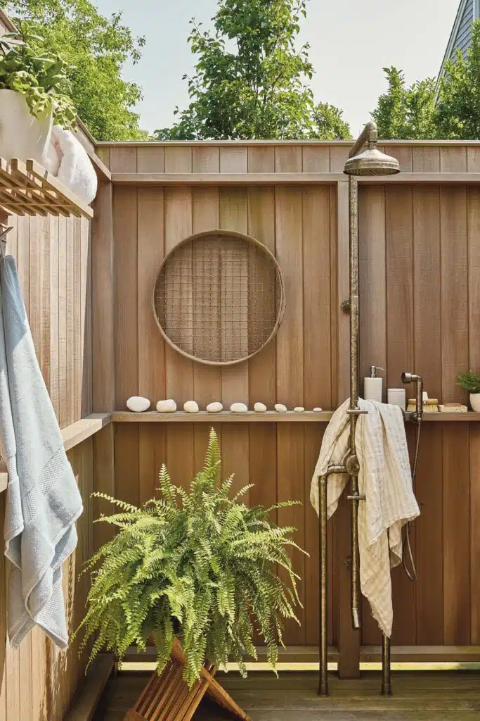 Outdoor shower with wooden walls, metal shower fixtures, and decorative items. Features a potted fern, towels on hooks, and white stones on a shelf.