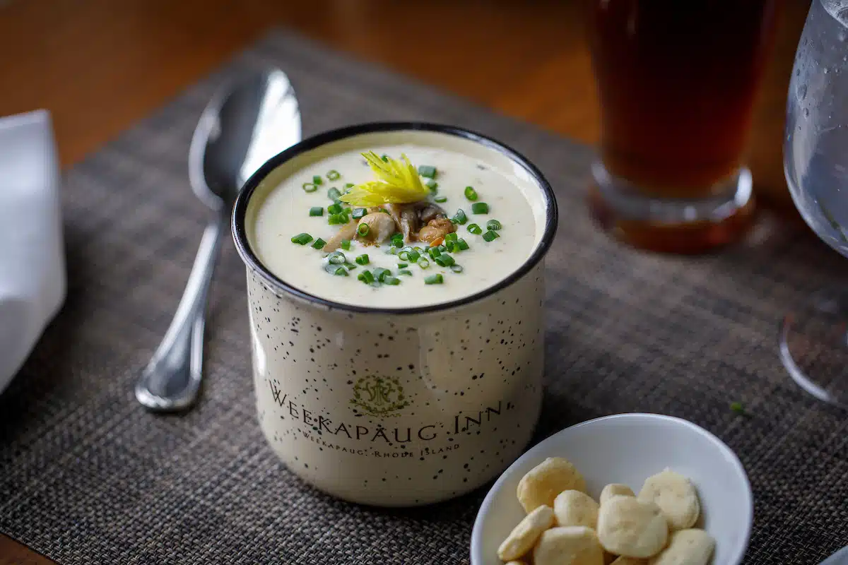 Weekapaug Inn’s New England Style Clam Chowder with Fried Clams & Chive Oil
