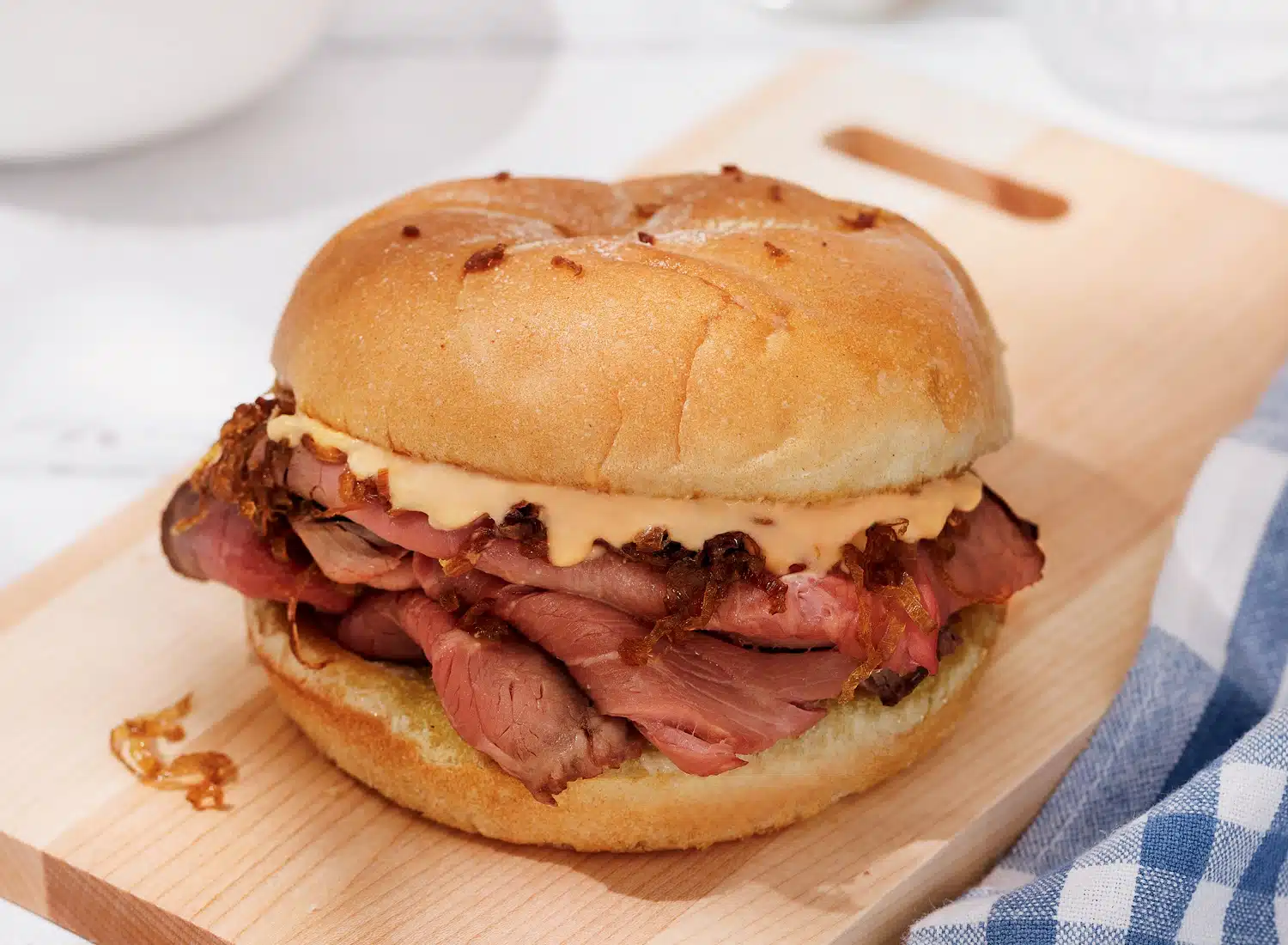 Roast Beef Sandwiches with Pimento Cheese Sauce and Frizzled Shallots